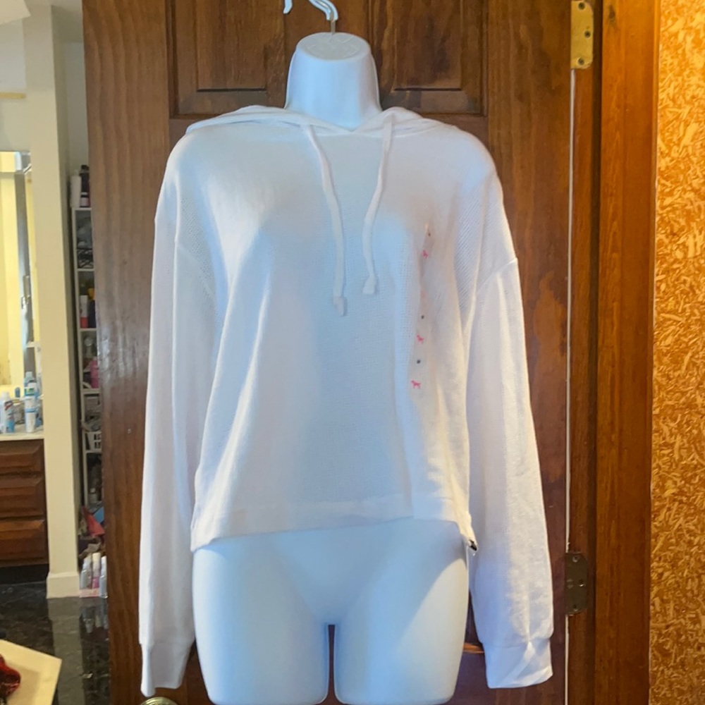 PINK Victoria’s Secret White Mesh Crop Top w/ Hoodie. NWT